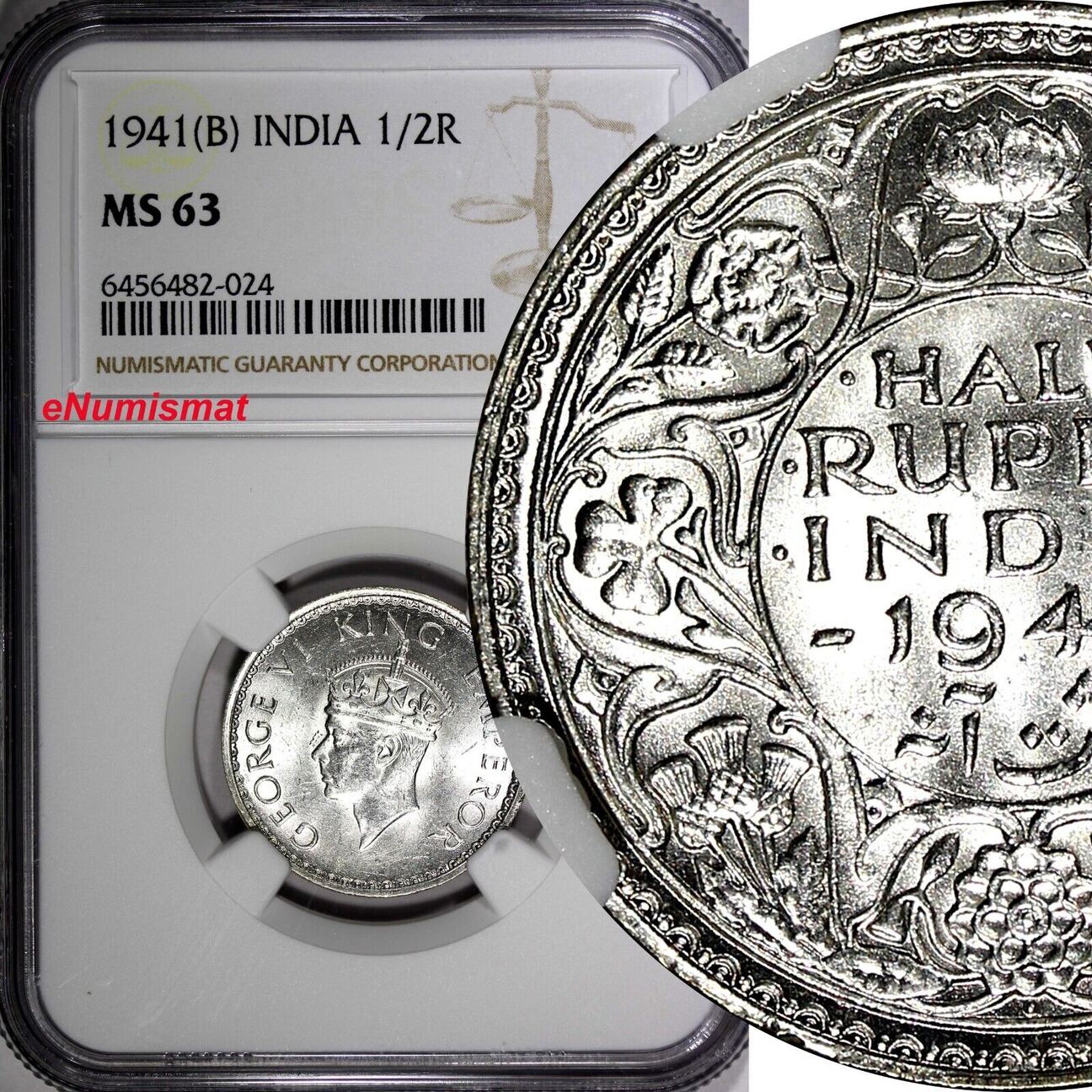 1/2 Rupee India-British George VI Silver 1941 (B) Bombay NGC MS63 KM ...