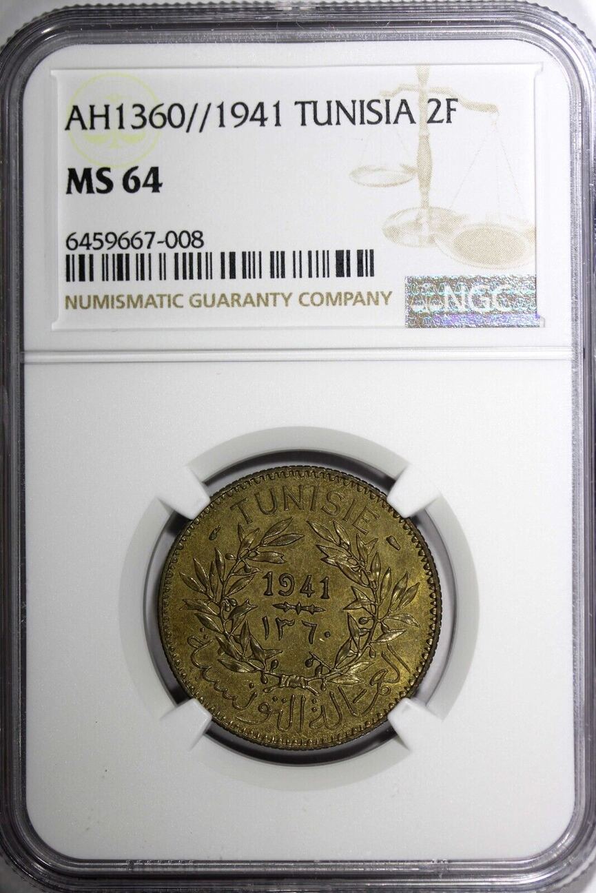 2 Francs TUNISIA AluminumBronze AH1360//1941 NGC MS64 TOP GRADED KM 248 (08)
