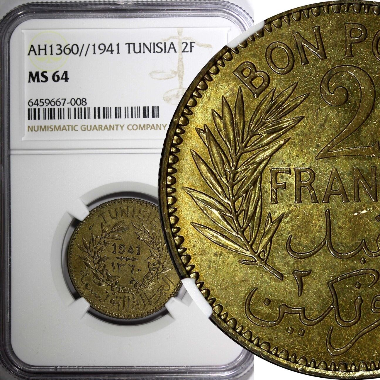 2 Francs TUNISIA AluminumBronze AH1360//1941 NGC MS64 TOP GRADED KM 248 (08)