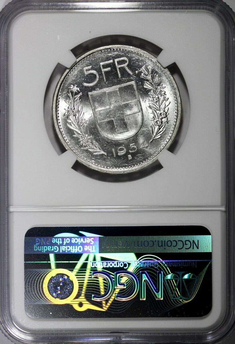 5 Francs Switzerland Silver 1954 B NGC MS61 KM# 40 (002) | MA-Shops