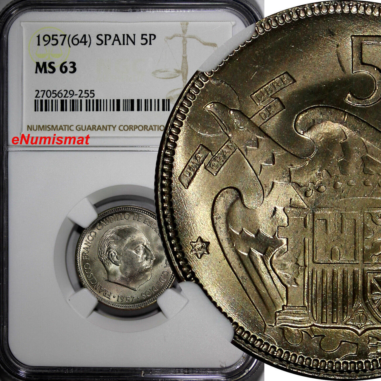 5 Pesetas Spain Francisco Franco Caudillo 1957 64 NGC MS63 TOP