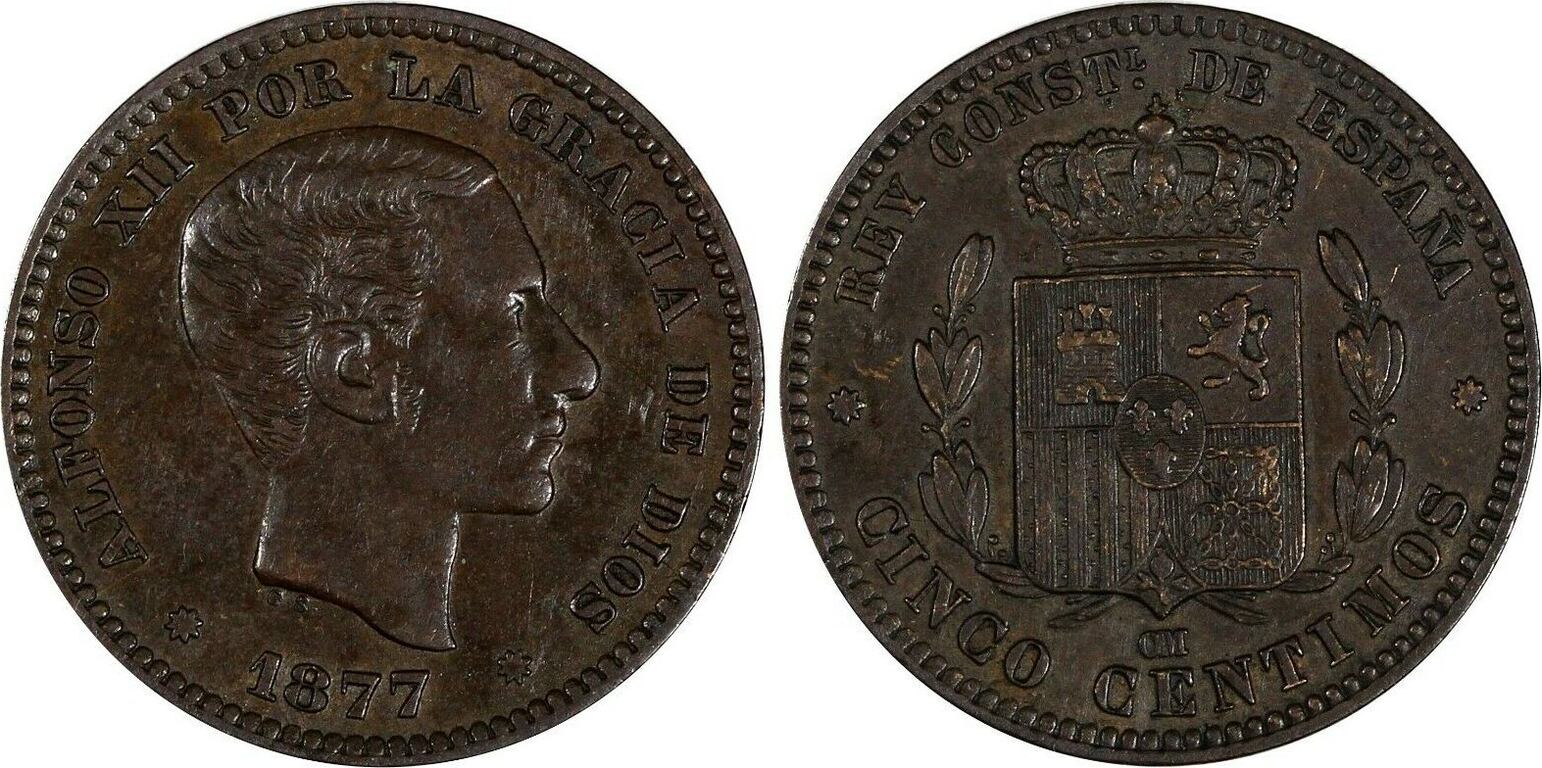 5 Centimos Spain Alfonso XII Bronze 1877 OM XF Condition KM# 674 (19 526)  Uncertified | MA-Shops