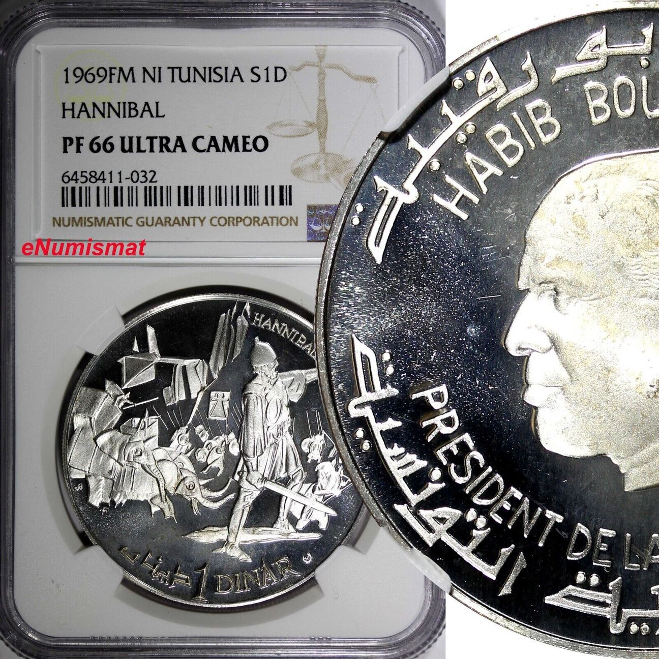 1 Dinar Tunisia Silver 1969 FM NI Hannibal NGC PF66 ULTRA CAMEO KM#292 ...