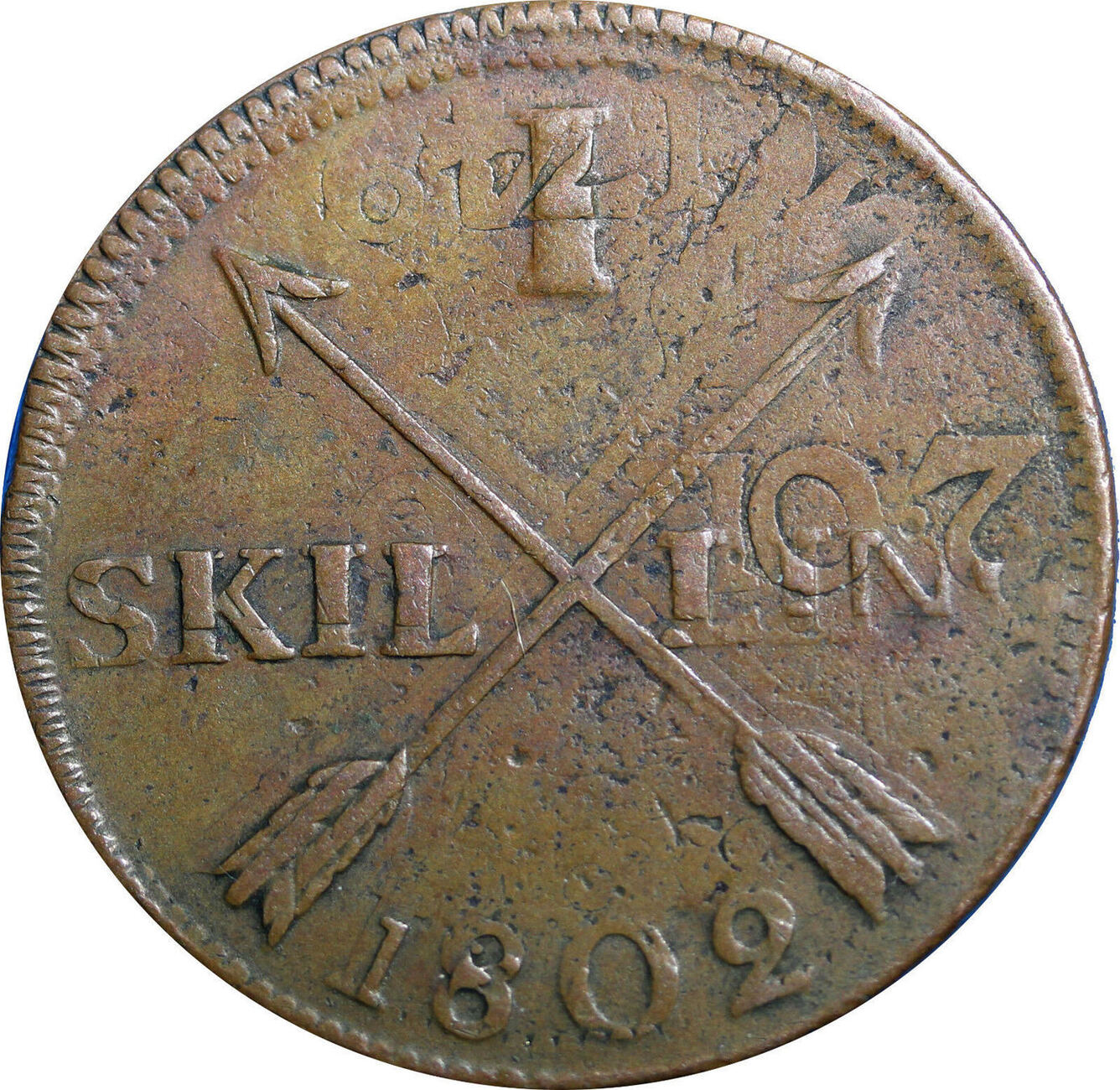 1 SKILLING SWEDEN COPPER 1802 OVERSTRUCK ON 2 ORE S.M. 1749 / FULL DATE ...