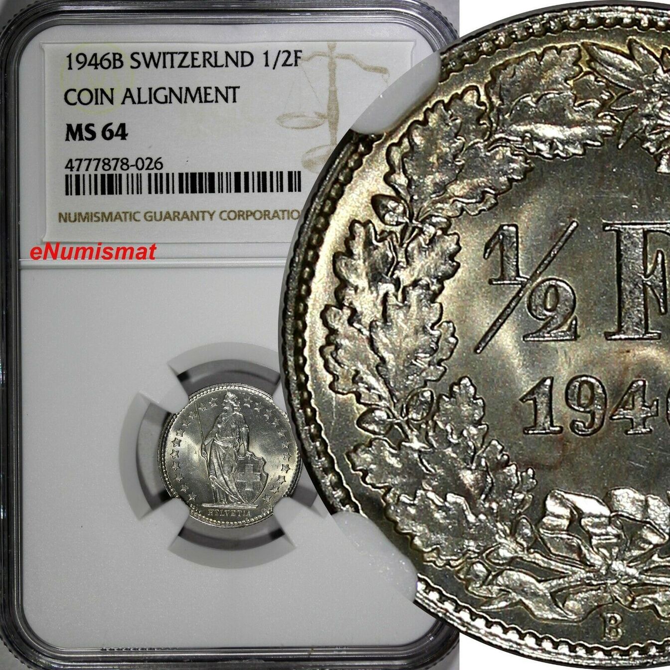 1/2 Franc Switzerland Silver 1946 B NGC MS64 Standing Helvetia KM# 23 ...