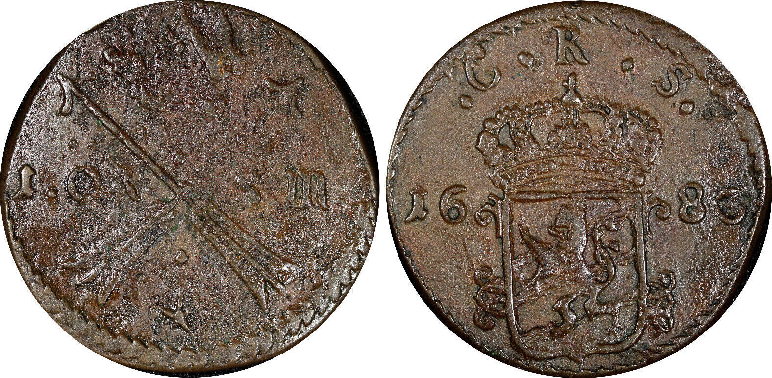 1 Öre Sweden Charles XI 1683 S.M.1st Year Mintage-336,000.46.3 mm KM ...