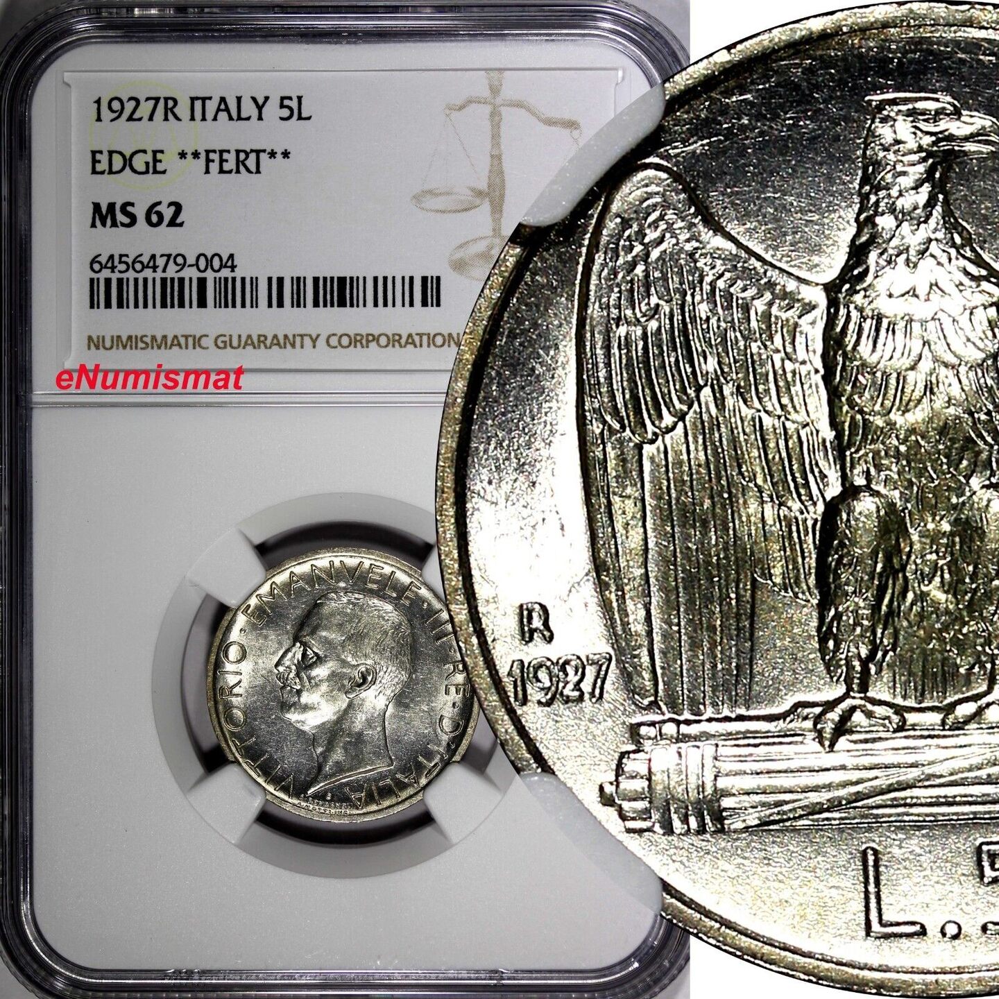 5 Lire Italy Vittorio Emanuele III Silver 1927 R Edge FERT NGC