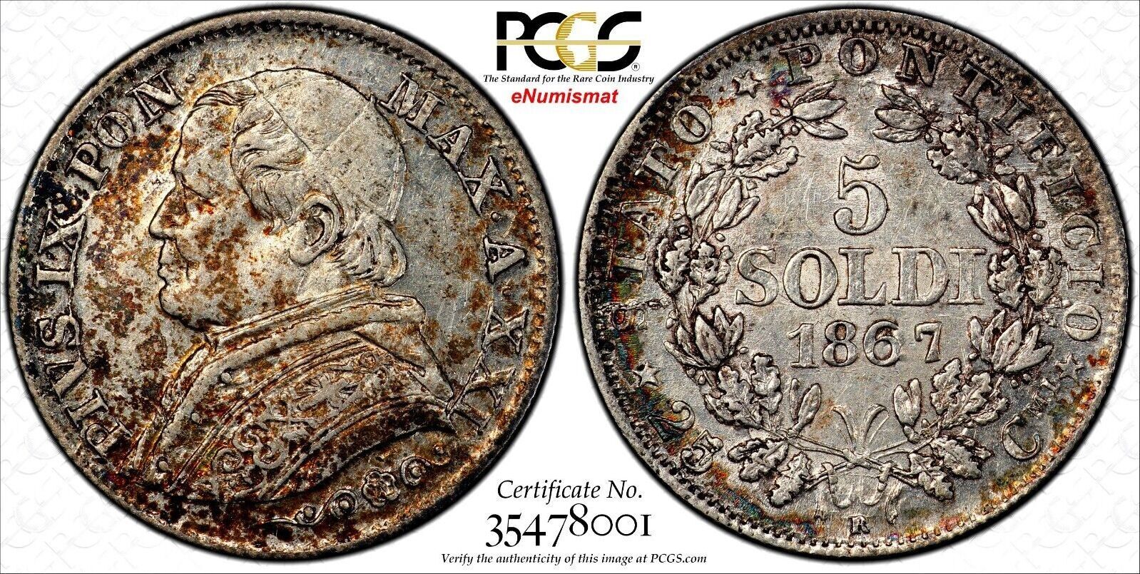 Italy 5 Soldi Italian States PAPAL STATES Pius IX Year XXI