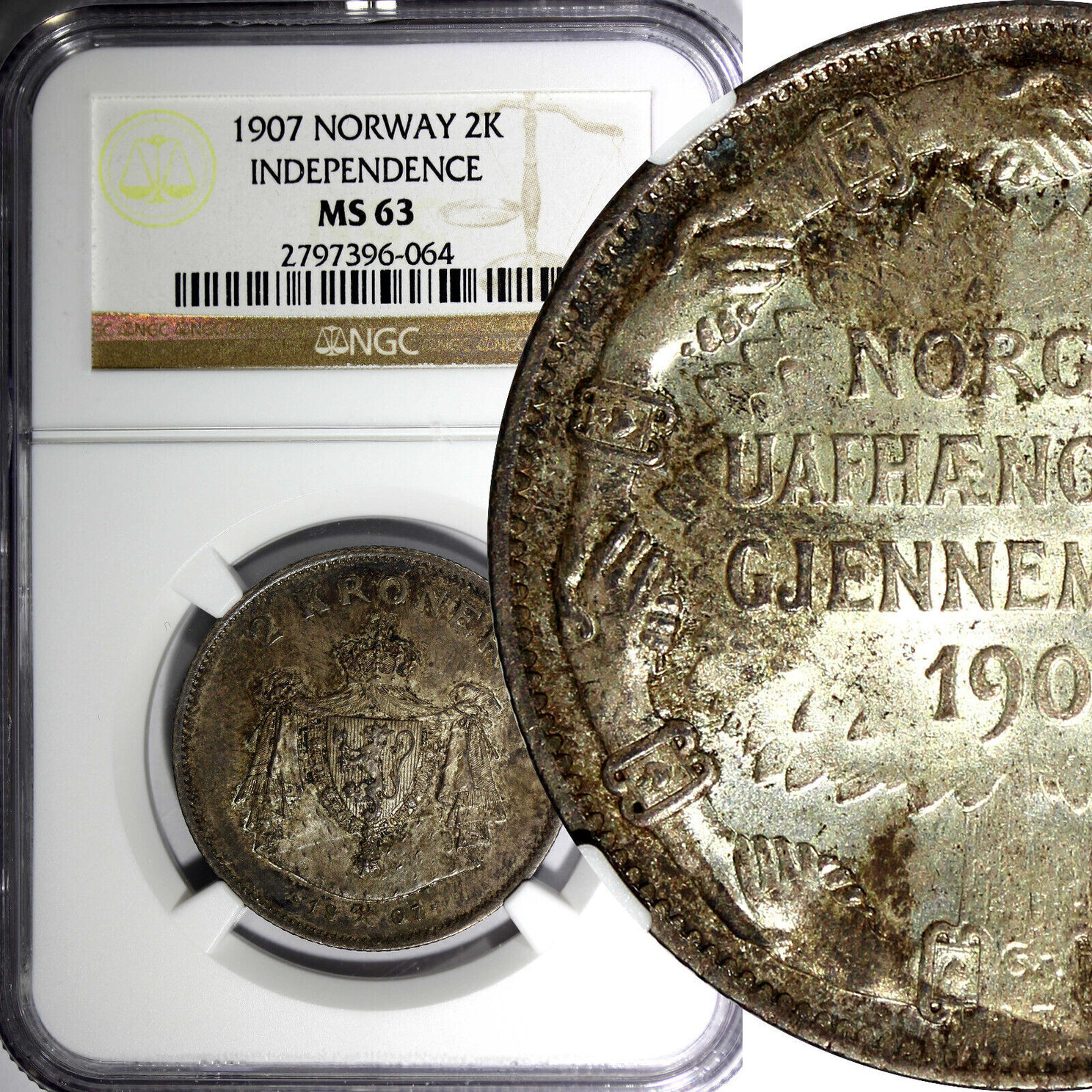 2 Kroner Norway Haakon VII Silver 1907 NGC MS63 Independence Toning KM ...