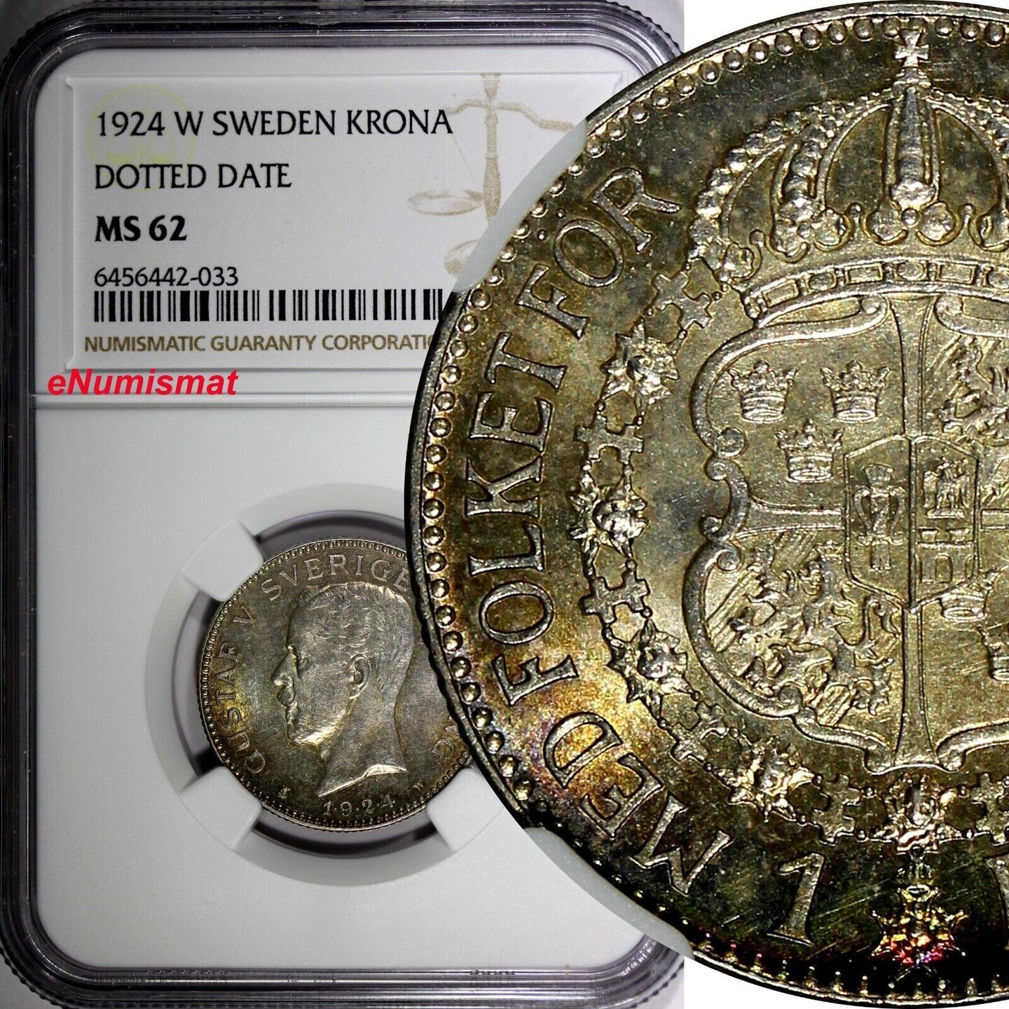 1 Krona Sweden Gustaf V Silver 1924 W Dotted Date Ngc Ms62 Toned Km 786 1 033 Ma Shops