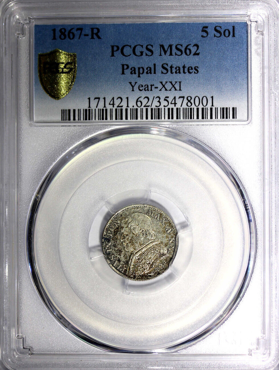 Italy 5 Soldi Italian States PAPAL STATES Pius IX Year XXI