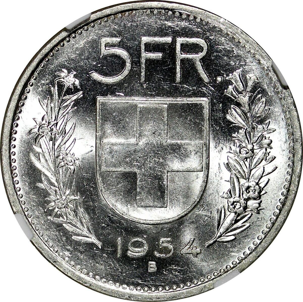5 Francs Switzerland Silver 1954 B NGC MS61 KM# 40 (002) | MA-Shops