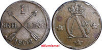 Sweden 1 SKILLING SWEDEN COPPER 1802 OVERSTRUCK ON 2 ORE S.M. 1743-1768 KM#566 (2420) -