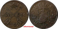 Sweden Ore Sweden Fredrik I Copper 1749 2 Ore, S.M.Silvermynt Mintage-313,000 KM#437 (319) -