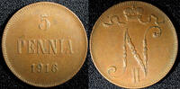 Finland 5 Pennia 1916 Finland Russian Nicolas II (1895-1917) Copper 1916... 9.00 US$  +  5.00 US$ shipping