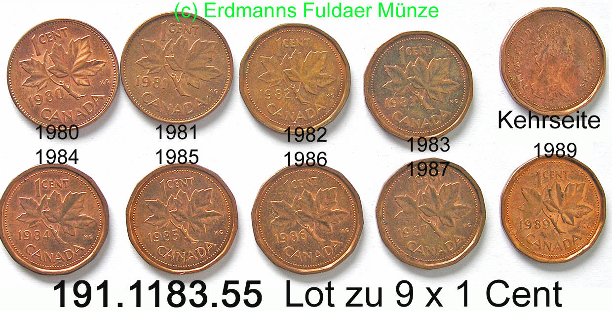 9x 1 cent 1980 1989 canada kanada*58a*59 km127,132 9x ahorn