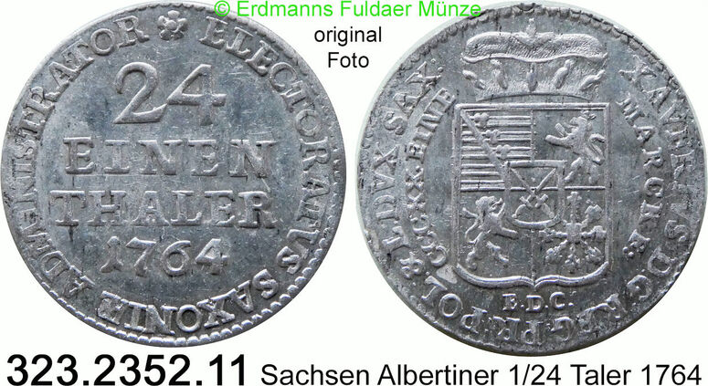 1/24 Taler 1764 selten. Sachsen Albertinische Linie Xaver als Regent. 323.2352.11. unc