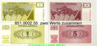 Slowenien 1 Tolar + 5 Tolar Die ersten zwei Geldscheine dieses Staates . 651.0002.55 -