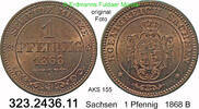 1 Pfennig 1868 B Sachsen Albertinische Linie AKS 155 . Johann 1854-1873 . 323.2436.11 bankfrisch = unc