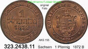1 Pfennig 1872 B Sachsen Albertinische Linie AKS 155 . Johann 1854-1873 . 323.2438.11 unc