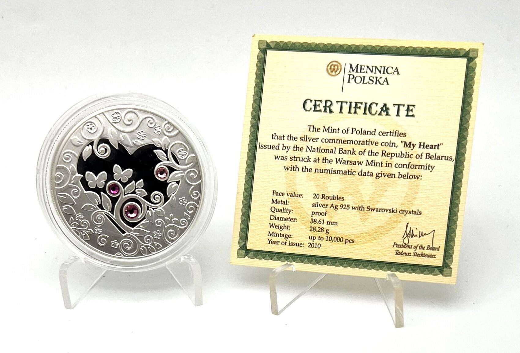 Belarus 20 Rubles 2010 MY HEART LOVE Swarovski Crystals Silver