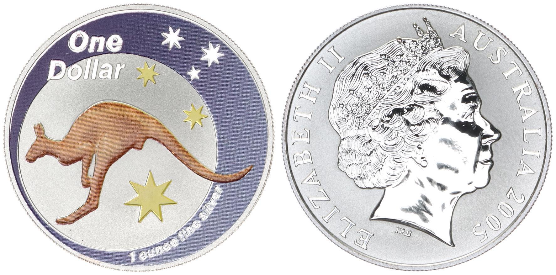 Australien 1 Dollar Silber 1 Unze 2005 Känguru in Kapsel Farbmünze selten BU MA Shops