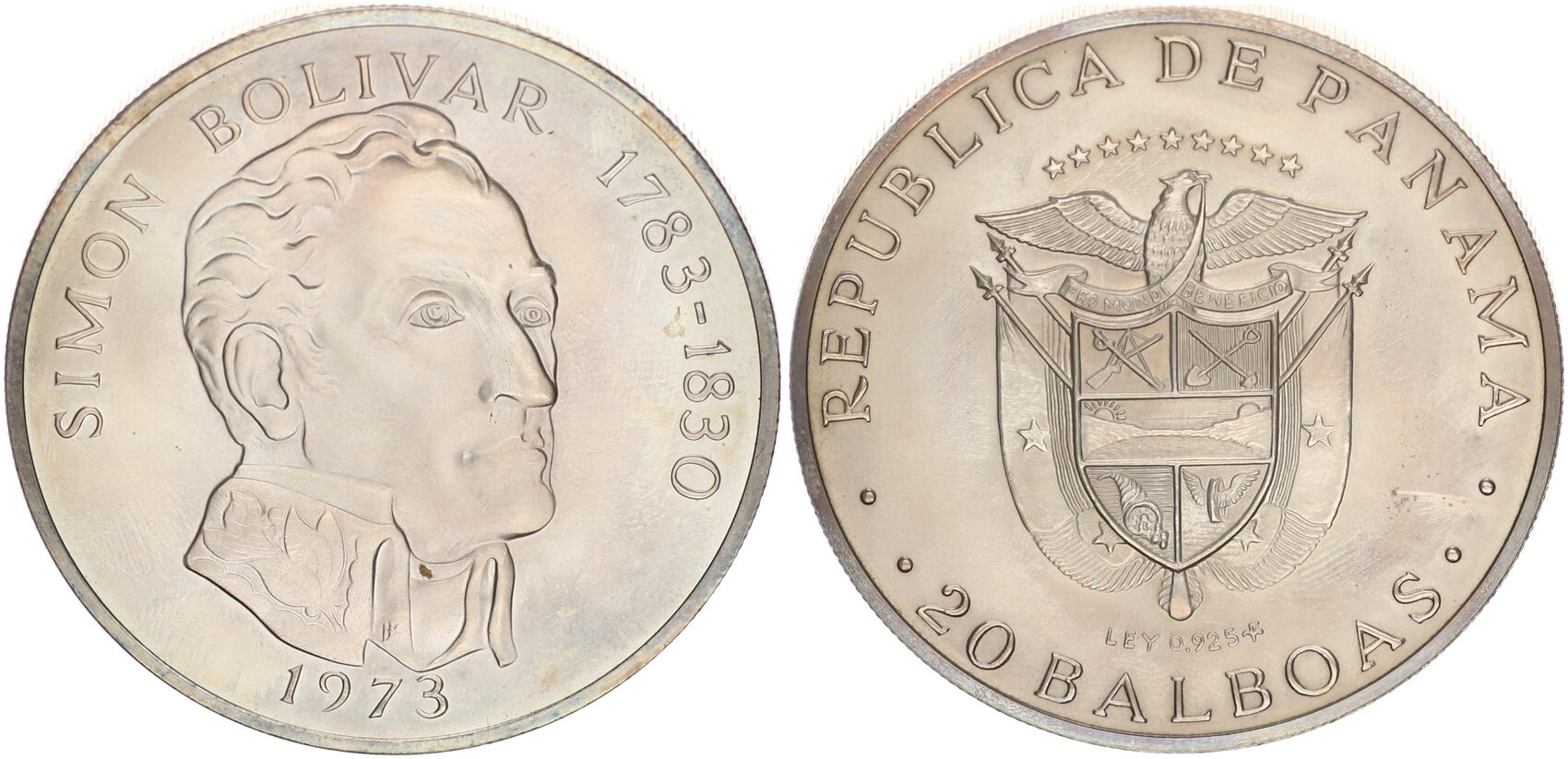 パナマ共和国　20　バルボア　銀貨　SIMON BOLIVAR　20 BALBOAS 1973年　REPUBLICA DE PANAMA　コイン  パナマ 20バルボア 銀貨 1973年 131g 大型銀貨