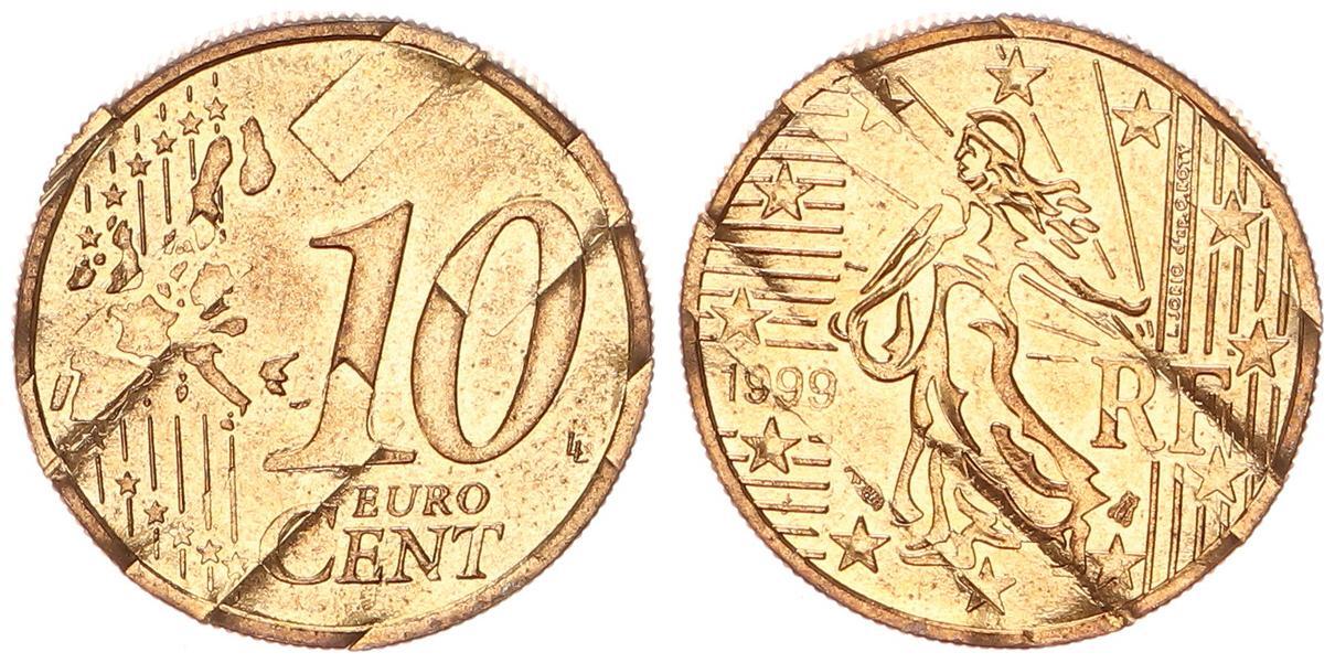 Frankreich 1999 10 Cent Probe mit Riffelrand CH UNC entwertet