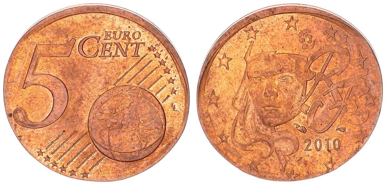 Frankreich 2010 Fehlprägung 5 Cent auf 2 Cent Schrötling mit Randrille EF