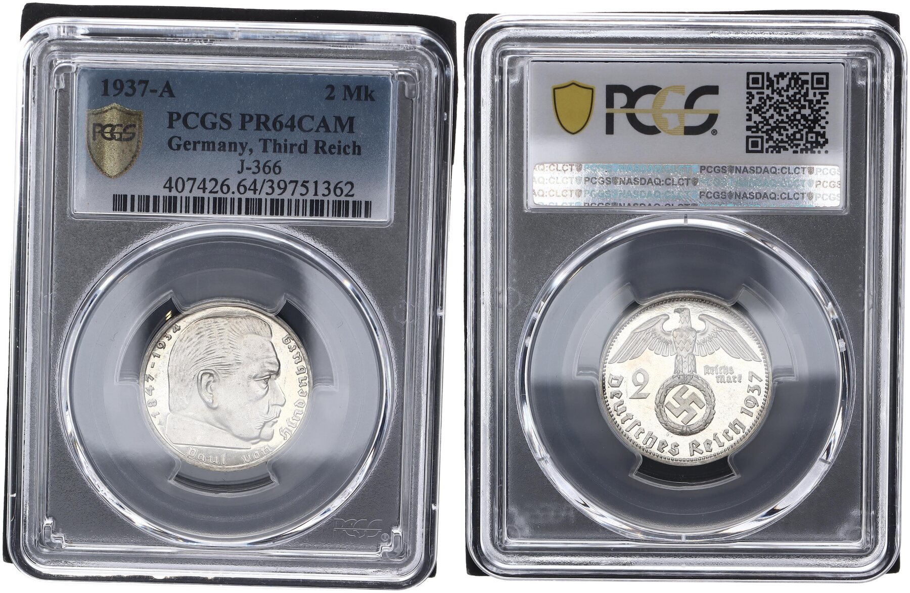 Germany, Third Reich 2 Mark 1937A Hindenburg J.366 PCGS zertifiziert