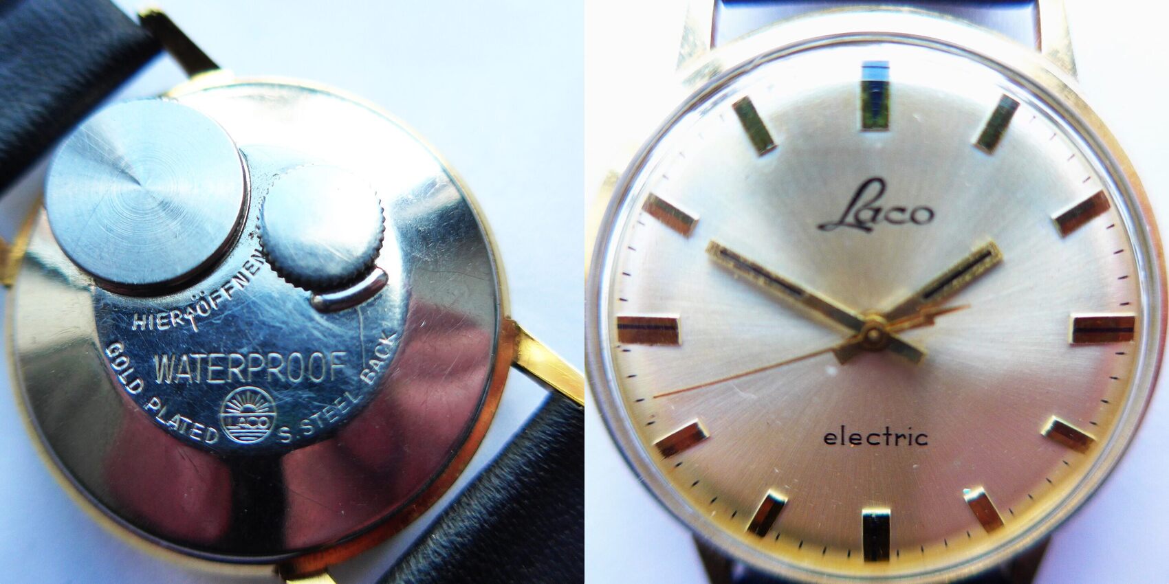 Deutschland, gute Elektromechanische Laco HERREN ARMBANDUHR, Uhrwerk:  Durowe 861, 1961, Gebrauchsspuren, siehe Fotos