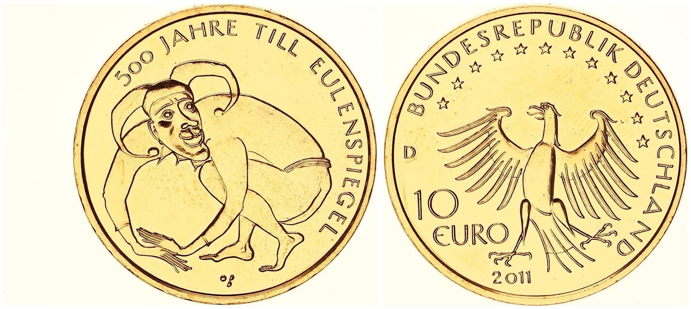 10 Euro Münze 500 Jahre Till Eulenspiegel Deutschland 10 Euro 2011 D 500 Jahre Till Eulenspiegel vergoldet CH UNC