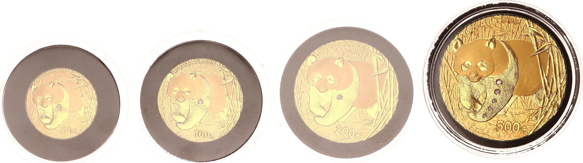 China 50,100,200,500 Yuan Gold 2002 Panda-Diamond-Set BU, in Kapsel mit Box  und Zertifikat | MA-Shops