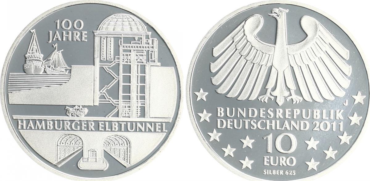 Deutschland / Eurowährung 10 Euro 100 Jahre Elbtunnel 2011 Münzzeichen ...