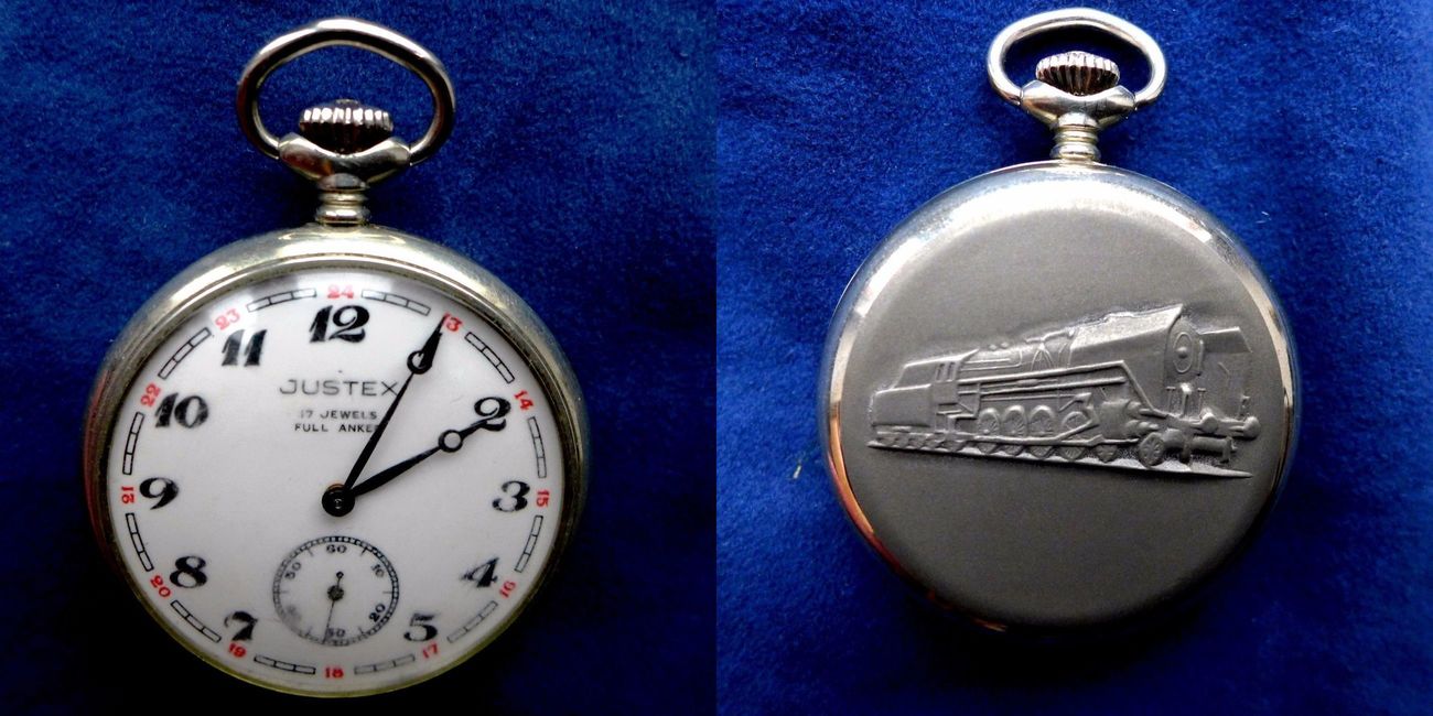 UDSSR, HERREN TASCHENUHR, JUSTEX TASCHENUHR mit sowjetischem  Molnija-Uhrwerk (Eisenbahner-Motiv), altersentsprechende Gebrauchsspuren, 
