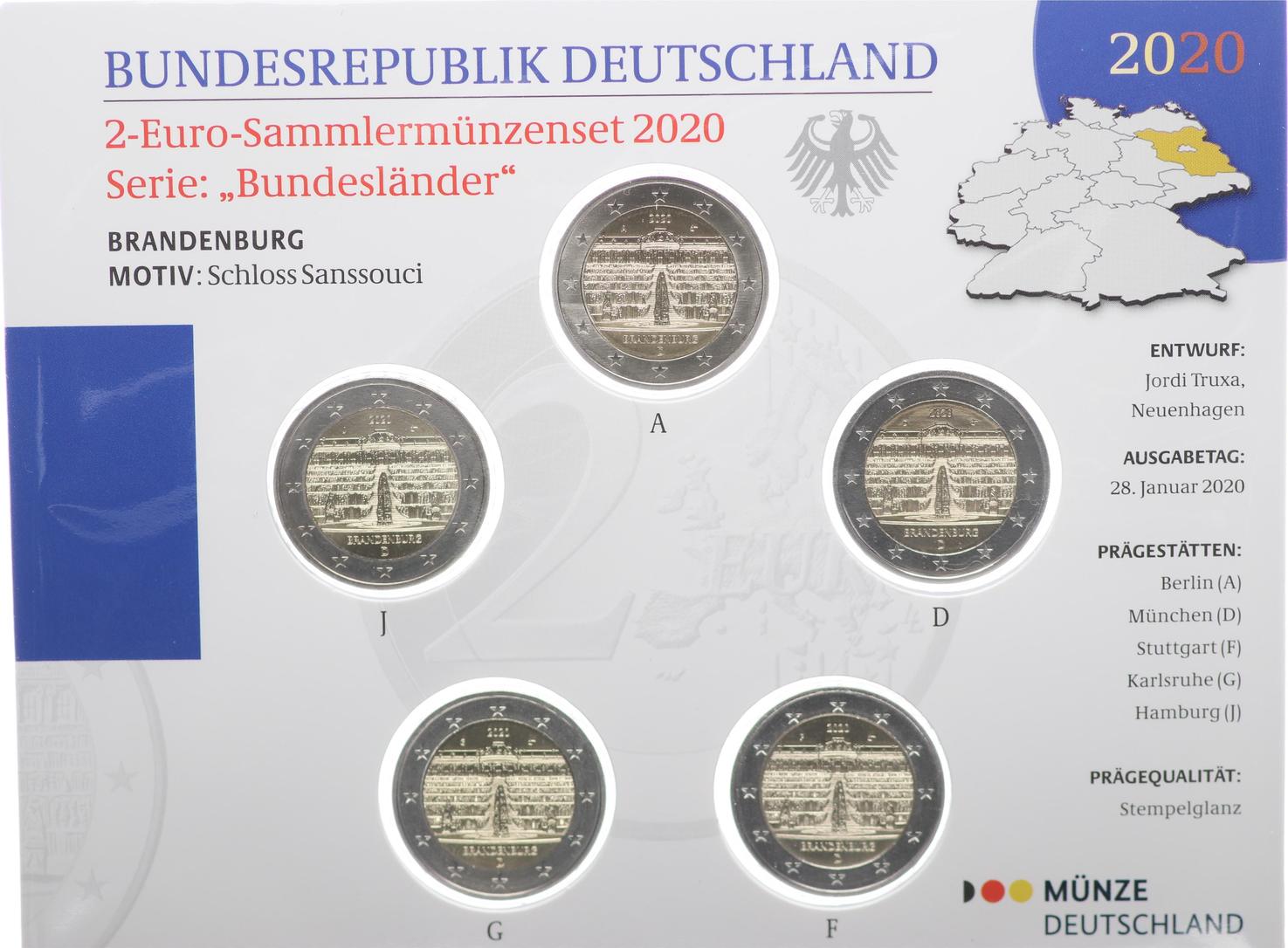 2 Euro Münze Schloss Sanssouci Fehlprägung Bundesrepublik Deutschland Offizieller Blister 2 Euro A-J 2020 2 Euro