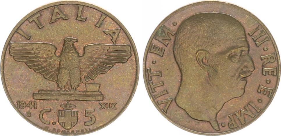 Italien 1941 5 Centesimi junger Adler Kupfer Münze. Königreich