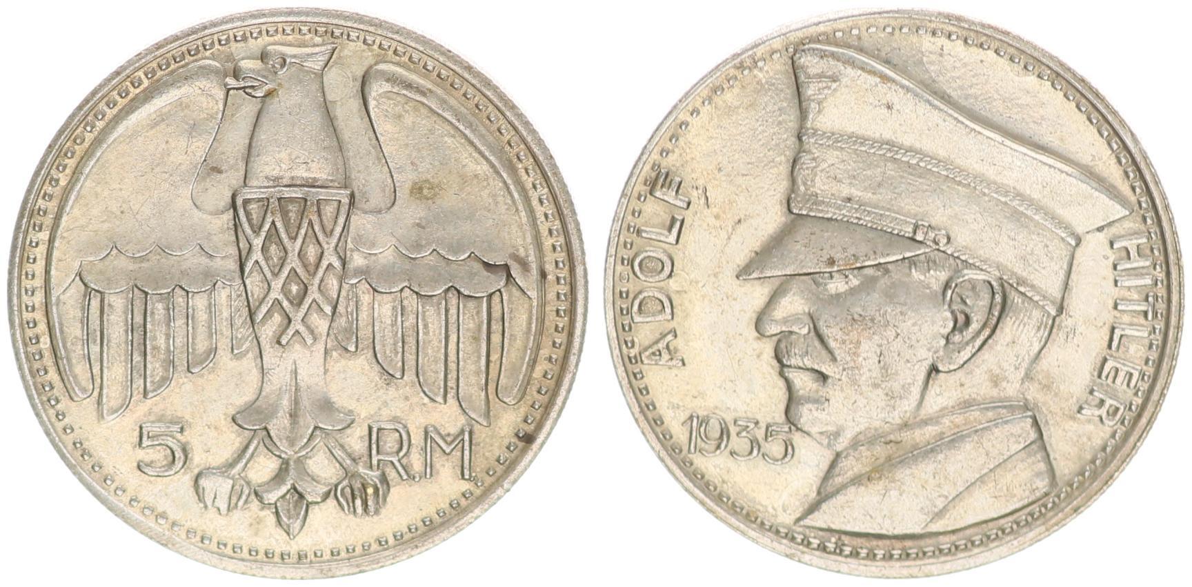 5 Reichsmark 1935 German Coin Third Reich WW2 Adolf Hitler Exonumia GVUS 