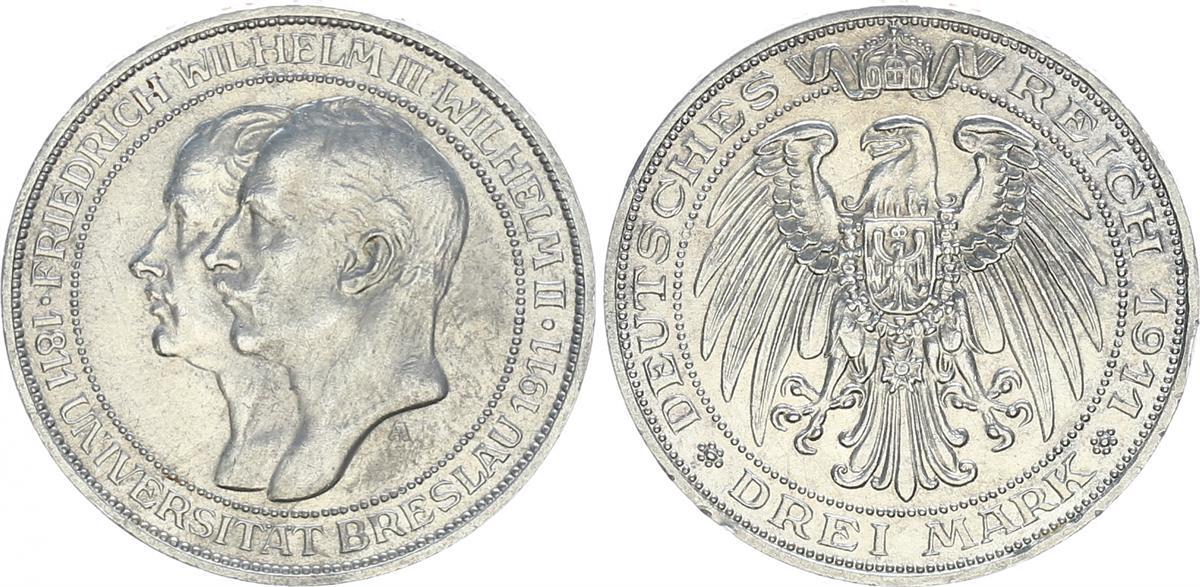 Preussen Deutsches Kaiserreich 3 Mark Uni Breslau Preu en 3 Mark 