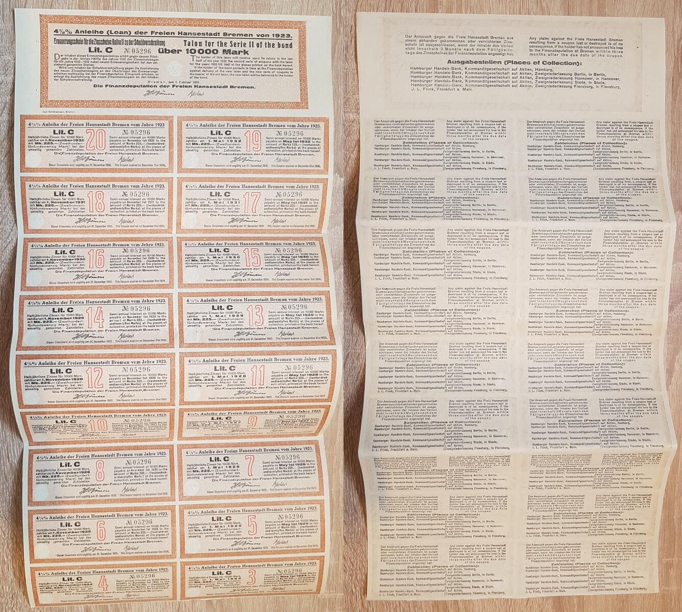 Deutschland / Bremen Zinsscheine zu Schuldverschreibungen ü. 10000 Mark