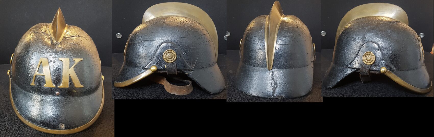 Deutschland um 1900 alter Feuerwehrhelm mit Messingkamm AK Getragen,mit  Kinnriemen Русские монеты из драгоценных