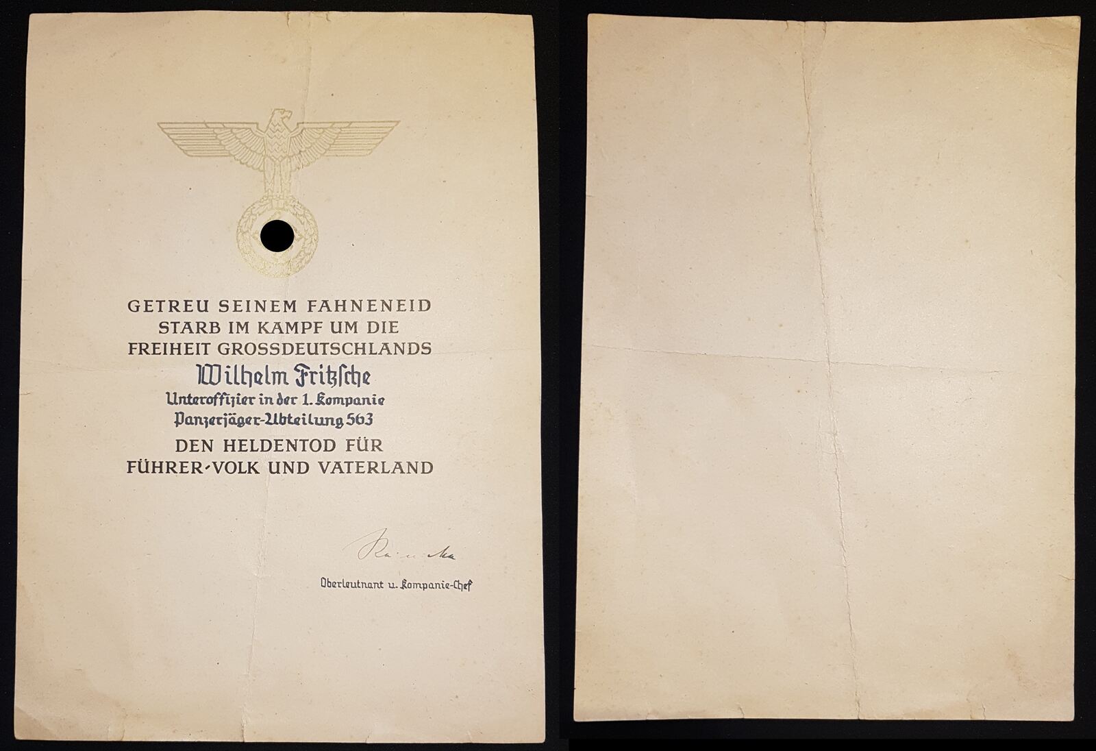 3. Reich Urkunde Den Heldentod für Führer-Volk und Vaterland ...