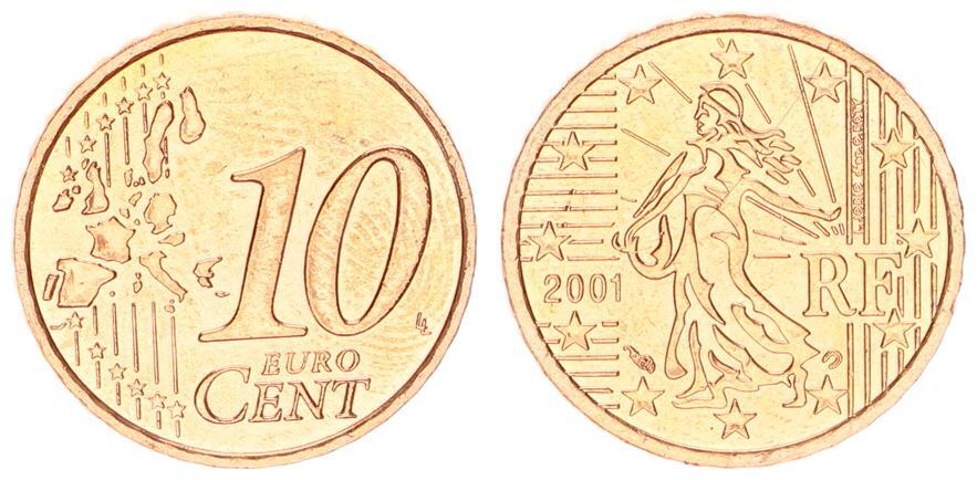 Евро 2001 год. Франция 10 Cent Narbonne. 10 Центов как выглядит монета Норвегия.