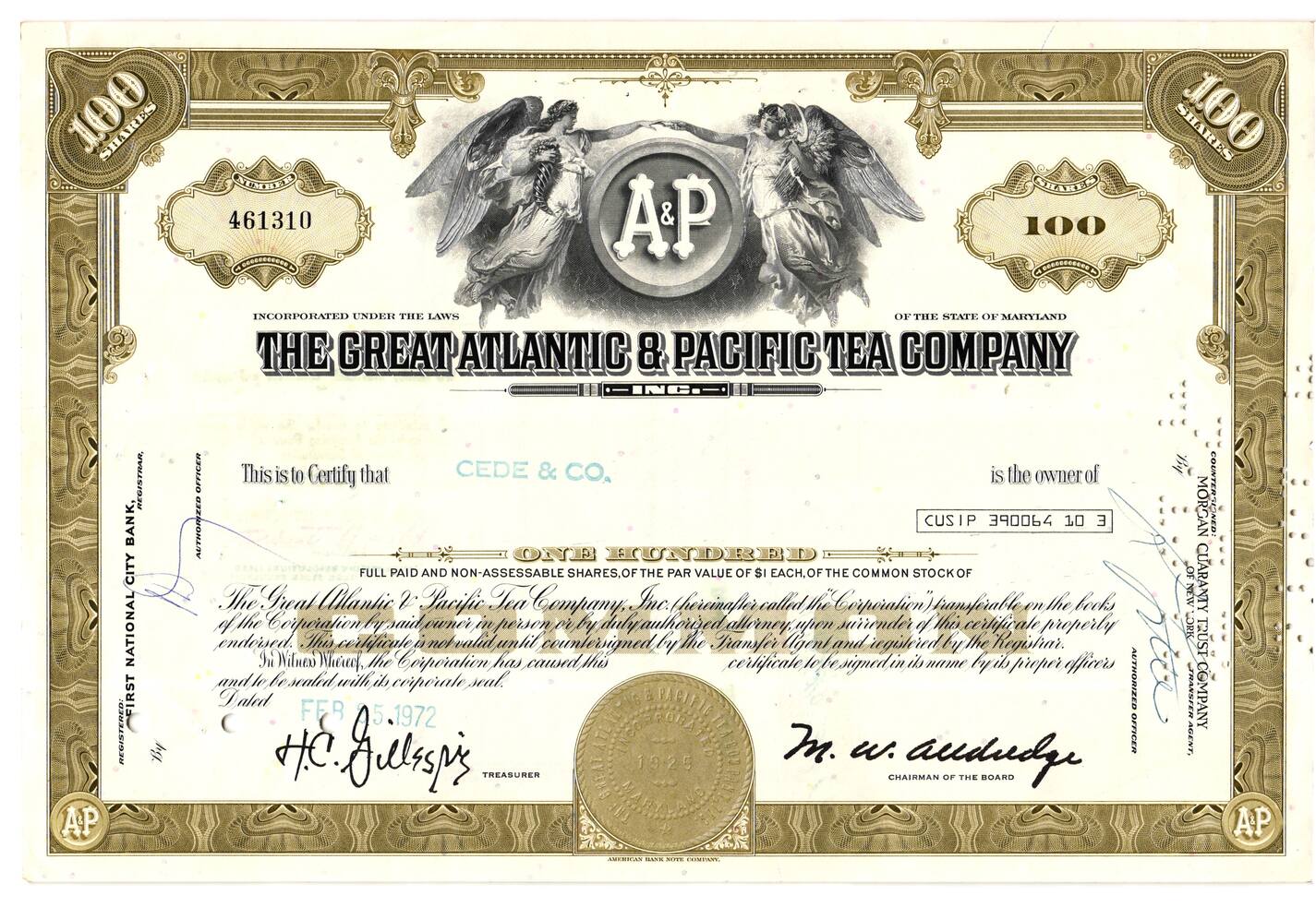 Amerika 1972 Anteilsschein der The Gerat Atlantic & Pacific Tea Company ...