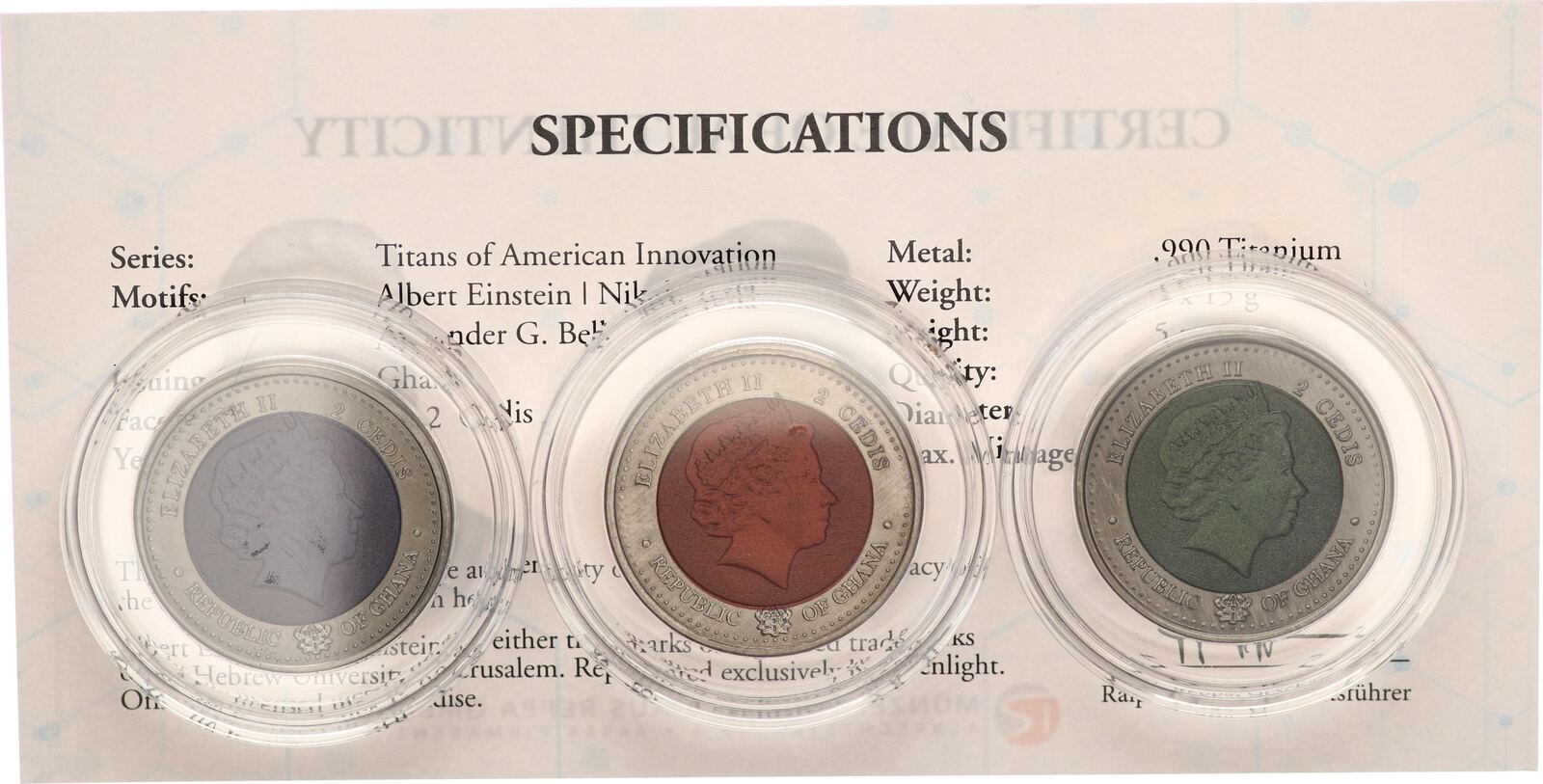 Ghana - USA Set 3x 2 Cedis 2020 Albert Einstein Nikola Tesla Alexander G.  Bell - Titans of American Innovation CH UNC, coloriert, in Kapseln mit  Zertifikat | MA-Shops