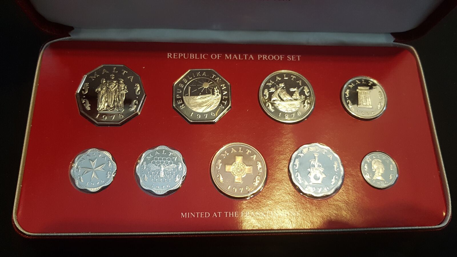 Malta KMS 1976 COIN PROOF SET 9 Coins FRANKLIN MINT BOX