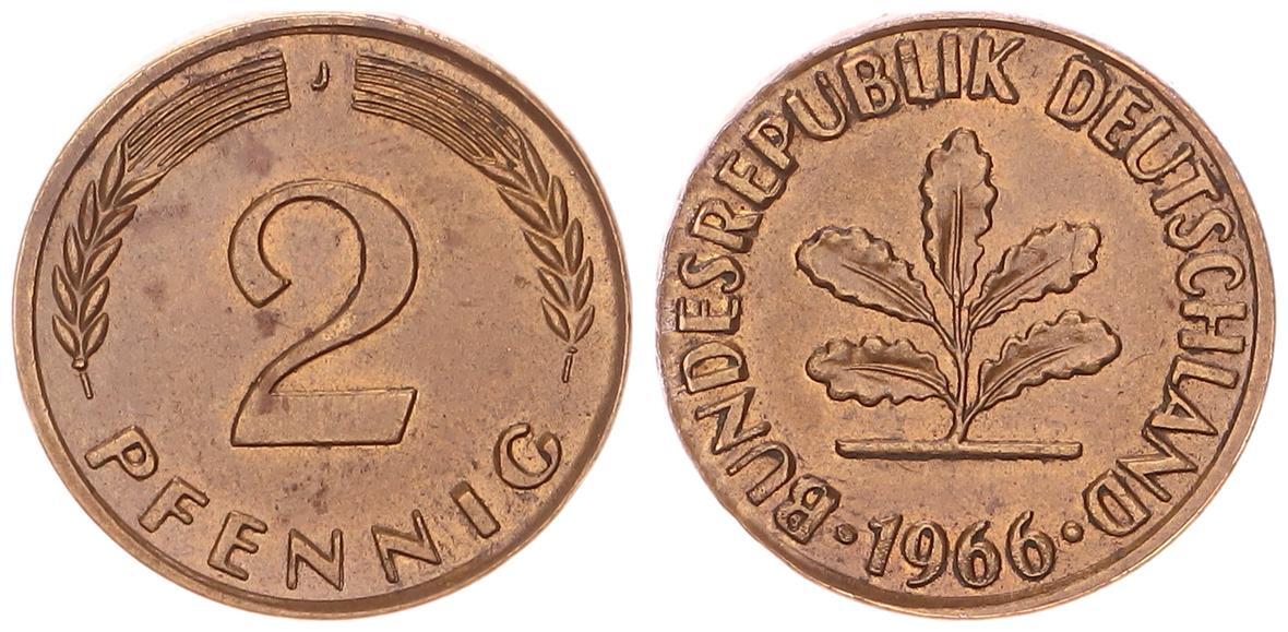 2 Pfennig 1966 J Nicht Magnetisch Wert Deutschland 2 Pfennig 1966 J Eisen Messingplattiert, stark magnetisch