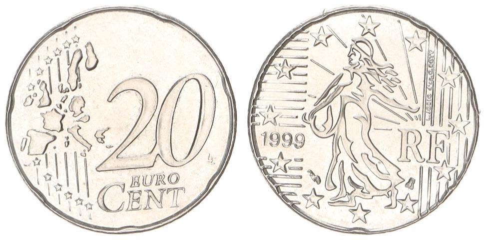 20 Cent Münze Frankreich 1999 Wert Frankreich Fehlprägung 20 Cent 1999 auf Kupfer-Nickel Schrötling CH UNC