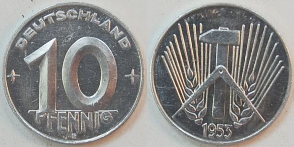 Deutschland / DDR  10 Pfennig DDR 1953 E   seltenes Jahr / Münzzeichen  prfr / Erstabschlag von neuen Stempeln, UNC / Prooflike