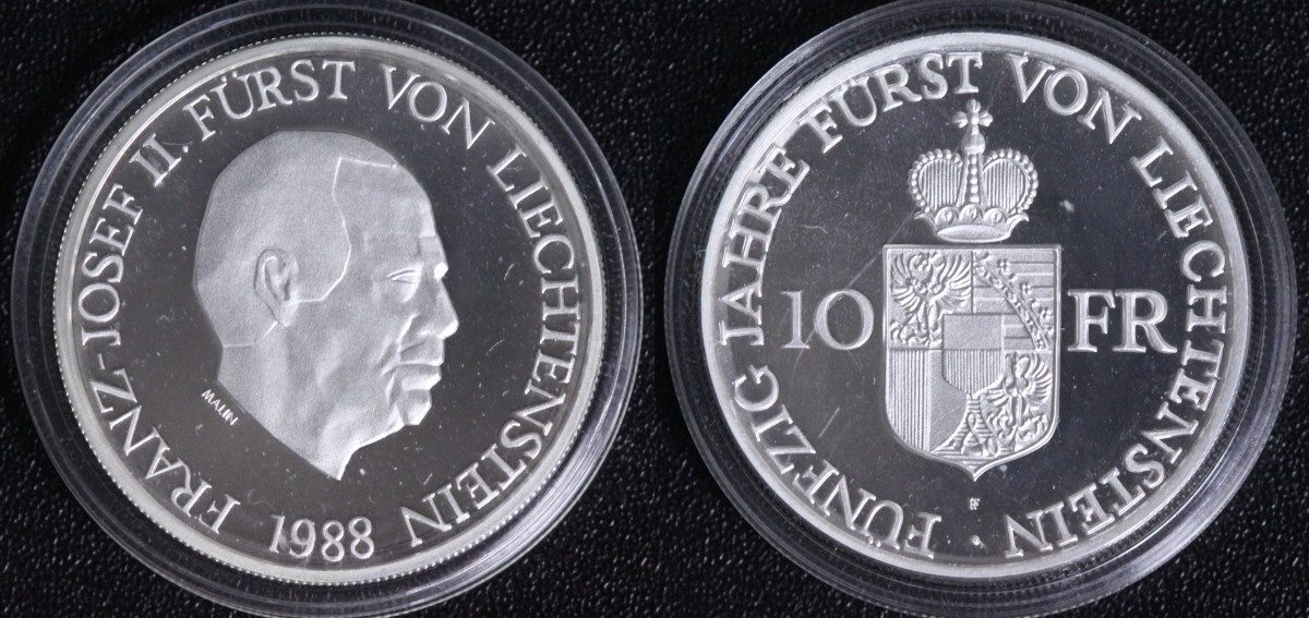 Liechtenstein 10 Franken 1988 Franz Josef II. 50. Regierungsjubiläum